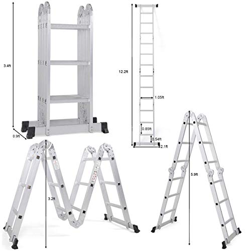 Giantex 12.5 Ft Multi Purpose Folding Step Ladder Platform Extendable Scaffold Ladder EN131 Aluminum 7 in 1 Extension Step Lightweight 330LB (12.5 Ft)