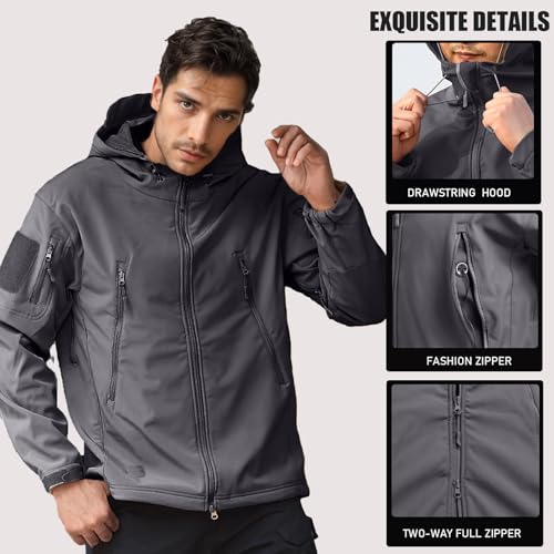 Image of Men's Tactical Fleece Lined Jacket Softshell Military Hooded 7 Pockets Windproof Outdoor Work Rain Coats Grey S