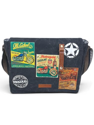 Image of The House of tara Distressed Cotton Canvas Messenger Bag for Men and Women | Printed Crossbody Sling Bag With Laptop Compartment (Upto 15.6 Inch), Broad Adjustable Straps (Phantom Black)
