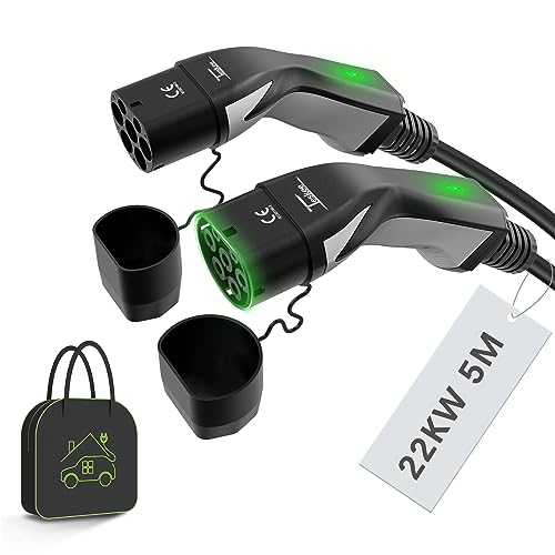 Teskee EV-Ladekabel EV-Ladegerät Typ 2 zu Typ 2 mit Anzeigeleuchten Tragbare Tasche Kompatibel mit Allen EV-Autos Elektrofahrzeugen & Plug-in-Hybridfahrzeugen 22kW 32Amp 5 Meter 3-Phasig Modus 3