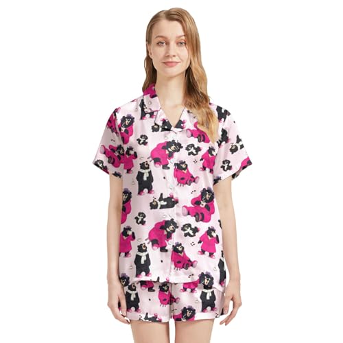 Image of Silk Satin Pajama Set for Women Summer Lounge Pjs Sets 2 Piece Suit Ladies Button Down Tops And Shorts Sleepwear