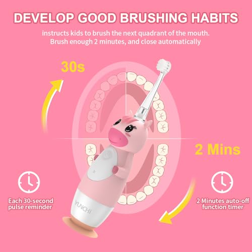 YUNCHI K3 Elektrische Zahnbürste Kinder ab 0-6 Jahre Baby mit buntem LED Licht Smart Timer Kinderzahnbürste Elektrisch Kleinkind Schallzahnbürste mit 4 Weiche Bürstenköpfe (Rosa Einhorn) – Bild 6