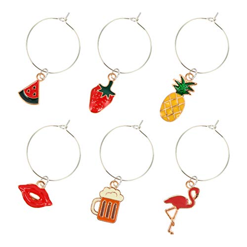 Luxshiny Anéis com pingente de taça de vinho, anéis de vidro, etiquetas, marcadores de bebida, taças