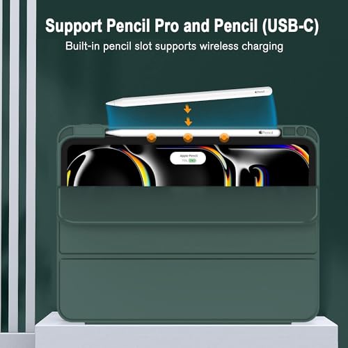 Image of TechTrendz for iPad Pro 13 Inch Case M5 /M4 (2025 /2024) with Pencil Holder, Smart Cover with Protective Trifold Stand, Auto Wake /Sleep, Support Pencil Pro, Green