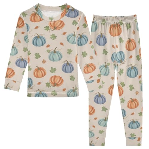 Pajama Sets Long Sleeve Pumpkin Leaves Pattern Background Soft Comfy Sleepwear 2 Piece PJS 3-8T