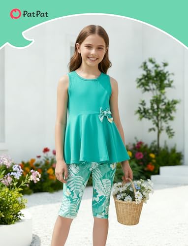 Image of PATPAT Girls Summer 2 Piece Outfits 4-12Y Butterfly Bow Sleeveless Tunic Tops and Floral Print Shorts Cute Clothes
