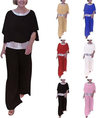 Sequined-Colorblock Elegant Two-Piece, Round Neck Chiffon Wide Leg Pant Suit, Womens Suit Set Loose 2 Piece2