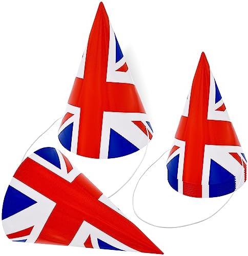 Gistome 10 Pieces Union Jack Hats, British Flag Paper Party Hats with Elastic String, Cone Hat Flag Cap for Adults, Kids, UK Tableware Decorations Party Supplies for His Majesty King's Birthday