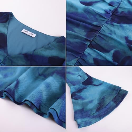 Women Ruched Floral Mesh Top Bell Sleeve Tie Dye Slim Y2K Going Out Blouse — view 2