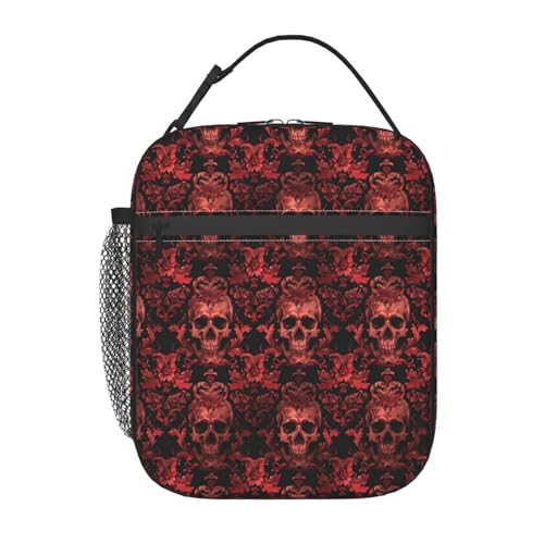 ainori Reusable Gothic Lunch Box for Kids Girls Boys Women Adult, Insulated Dark Red Skull Lunch Bag,Polyester Cooler Goth Handbags Case for School Picnic Work Travel Beach or Hiking (Black)