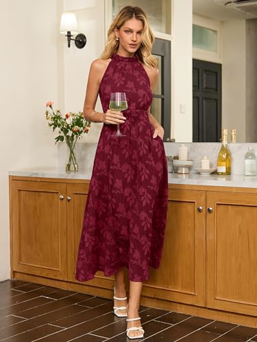 Image of Simplee Womens Summer Halter Maxi Dress Boho Floral Wedding Guest Dress Flowy Sleeveless Long Sundresses with Pockets