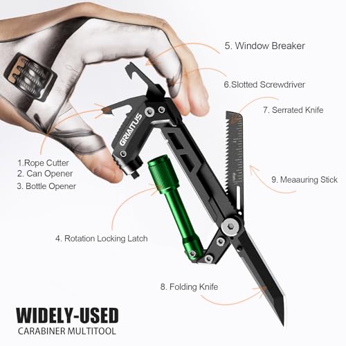 Image of Carabiner Multitool with Pocket Knives, EDC Carabiners, Serrated Knife, Rope Cutter, Screwdriver, Can Bottle Opener, Ruler, Folding Knife for Camping Hiking, Gifts for Men (Green)
