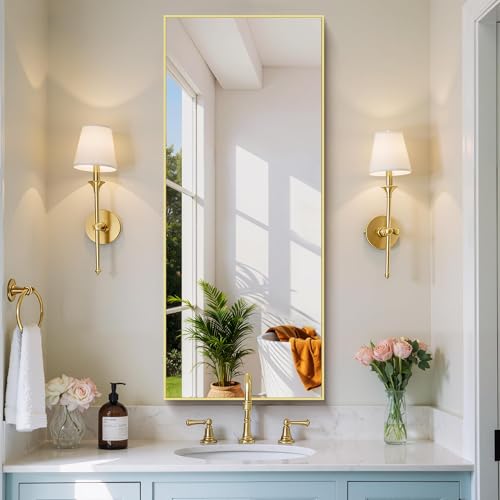 Image of COFENY Gold Bathroom Mirror for Wall, 20x48 Inch Rectangle Mirror with Metal Frame, Modern Vanity Mirrors for Bathroom Living Room, Entryway Hangs Horizontal or Vertical