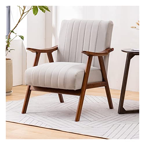 Sillón tapizado beige con marco de madera para sala de estar, oficina, dormitorio, cómoda silla de salón con tecnología de cojín de tela para leer y relajarse