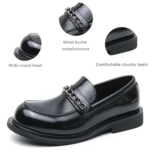 Men's Leather Metal Chain Low Block Heel Loafers Retro Wide Round Toe Comfortable Slip-on Non-Slip Dress Shoes for Wedding Business Party Driving Casual2