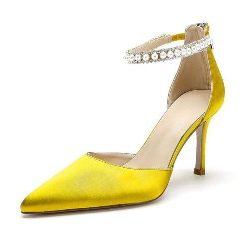 Image of Pointed Toe Pearl Wedding Shoes for Bride White High Heels Satin Bridal Shoes Zipper Back Evening Party Dance Dresses Shoes Pumps for Women