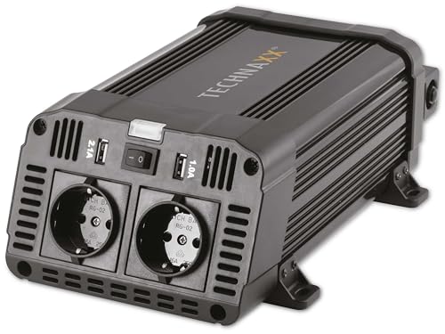 Inversor de coche Technaxx con pantalla LC 12V a 230V - Inversor de coche certificado por TÜV Rheinland con 2x enchufes Schuko y 2x puerto USB - 1200W / 2400W (pico) - convertidor de voltaje TE16
