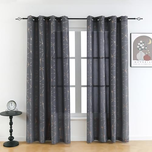 Taisier Home Gold Foil Print Linen Textured Geometric Curtains, Lightweight Bedroom Living Room Light Filtering Window Drapes with Printing Design, Soft Grey, W52 x L84 Inch, 2 Panels - image 1