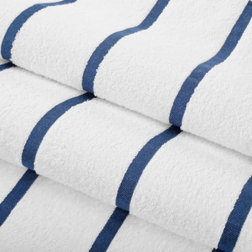 Image of Casa Copenhagen Pack of 2 Cabana Pool XL Towels for Bath Cotton Rough and Tough Use,70 x 140 cm Colour : White Navy Stripe