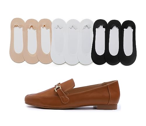 FEVERSOLE Women's Fashion Trim Deco Loafer Camel Plian Size 6 M US Bound With No Show Socks Women Low Cut Silky Thin Socks 3 Colors 9 Pairs