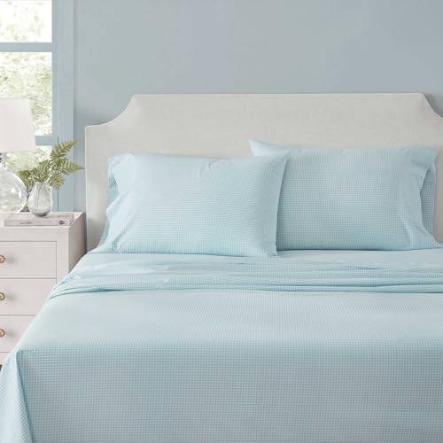 Image of Martha Stewart - Twin XL Size Sheet Set, Breathable Cotton Percale Bedding with Matching Pillowcase, Fully Elastic Fitted Sheet, Deep Pocket, Crisp & Cooling All-Season Comfort (Small Gingham Blue)