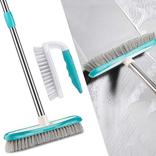 MEXERRIS Scrub Brush with Floor Brush Long Handle Combo Cleaning Kits, Stiff Bristles Durable Scrubbing Brushes for Grout, Bathroom, Shower, Sink, Bathtub, Tile, and Kitchen Surface