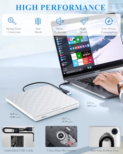 Image of ORIGBELIE CD DVD Burner External USB 3.0 Type C External DVD Drive, Ultra-thin 13 mm Portable CD /DVD + /-RW External CD Reader for Laptop Windows 11 /10 /8 /7 Linux and Mac OS (White)