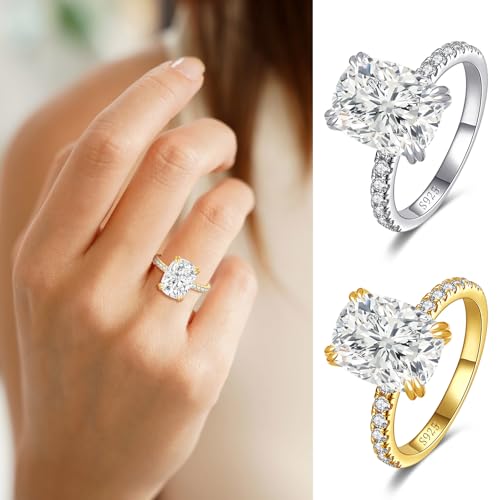5CT Elongated Cushion Cut Engagement Ring, S925 Sterling Silver Cubic Zirconia Wedding Rings for Women 14K Gold/White Gold Plated, Promise Anniversary Birthday Gift for Her, Size 5-103