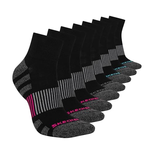 Skechers Women's 8-Pack Work High Quarter Crew Socks, Black/Pink, 9-11