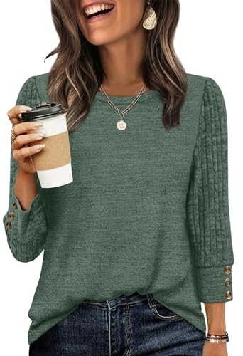 WIHOLL Fall Outfits for Women 2025 Long Sleeve Shirts Dressy Casual Tops Winter Clothing Tunic Sweaters Trendy 3/4 Length Sleeve Womens Tops Bottons Maternity Clothes Crewneck Green L