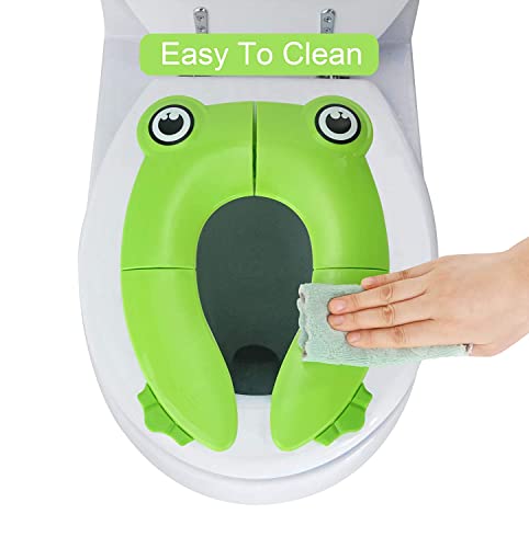 Image of Zollyss Toilet Potty Training Seat Cover, Travel Toilet Seat, Folding Non Slip Silicone Pads, Travel Portable Reusable Kids Toddlers Boys Girls, Carry Bag, Green