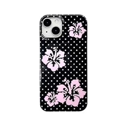 Reezaddin Black White Polka Dot Pink Hibiscus Phone Case for iPhone 14/iPhone 13 6.1in,Cute Aesthetic Retro Tropical Flower Trendy Design Slim Protective Cover for Girls Women - Black