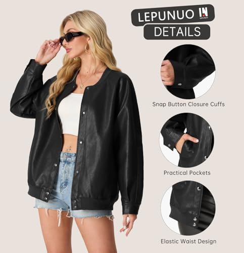 Lepunuo Women's Faux Leather Bomber Jacket Casual Loose Leather Moto Biker Coat Fall Fashion Winter Outfits2