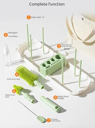 Image of TONY STARK Baby Non-Toxic, Bottle Cleaning Brushes Set with Stand for Baby Milk Bottle, Nipple, Straw,Silicone Bristle Bottle Cleaner Brush for Movable Cleaning (Willow Bear (Green))