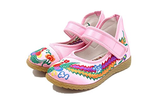 Tianrui Crown Children Girl's Phoenix Embroidery Mary-Jane Shoes Kid's Cute Flat Cheongsam Shoe Pink