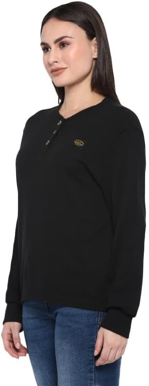 Royal Enfield Branded Waffle Henley Women's T-Shirt 100% Cotton Long Sleeve Tee with Button Round Neck Summer Shirt for Women