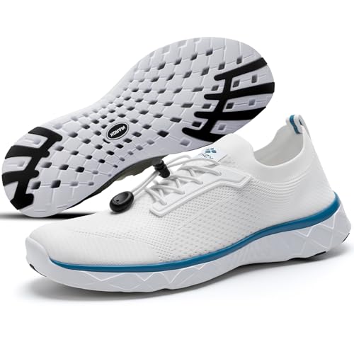 AQUA STEPS Water Shoes for Men, Barefoot Beach Shoes, Qucik-Dry Pool Shoes Men for Swim, Surf, River White/Ocean Blue US 11