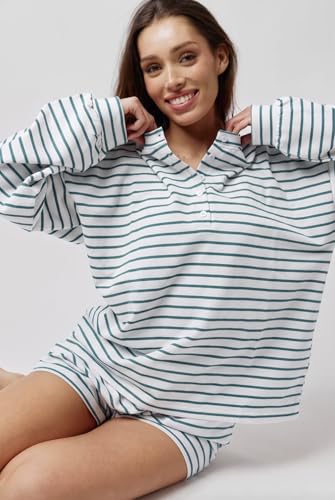 Image of Almere Oversized Cotton Henley Longsleeve Tee, Striped Button Down, Boyfriend Fit