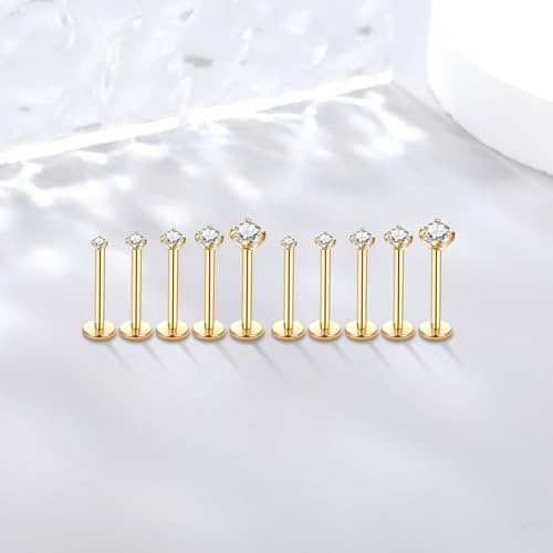 Image of Oveta Threadless Nose Stud Stainless Steel 20G 18G 16G Threadless Flat Back Tragus Earrings Labret Medusa Monroe Ashely Lip Piercing Jewerly Gold