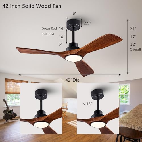 Image of QUTWOB 42 inch Wood Ceiling Fan with Light, Reversible DC Motor, Remote Control