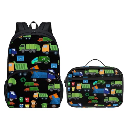 Garbage Truck Kids Backpack with Lunch Box Set School Backpack for Boys Preschool Elementary Bookbag