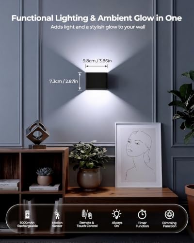 Motion Sensor Wall Lights with Remote, 5000mAh Rechargeable Battery Operated Wall Sconces, Wireless Indoor Up Down Lights, 12 RGB Colors, Warm Orange & Cool White for Hallway Stairs Bedroom, 2 Pack - image 2