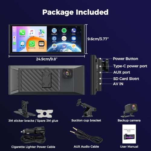 TOGUARDGO 9.26" Wireless CarPlay Screen with 4K+1080P Dual Dash Cam Front & Rear, 1600x600 IPS Display, Apple CarPlay & Android Auto - image 9