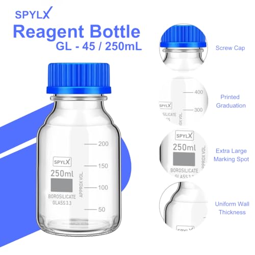 Image of Borosilicate Glass reagent bottle 250ml with leak proof Blue Screw Cap pack of 2 for glassware wide mouth chemical bottles for lab, laboratory, kitchen and professional use