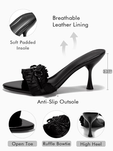 Coutgo Womens High Heels Mules Open Toe Bow Tie Sandals Ruffle Stiletto Slip on Prom Dress Shoes4