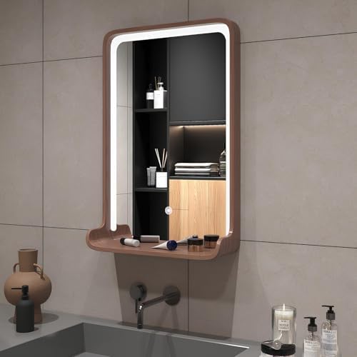 Square Bathroom Vanity Mirror with Shelf, Dimmable LED Lighted Rectangle Mirrors, Wall-Mounted Makeup Mirror Above Sink with Wooden Frame(Natural,60 * 40cm)