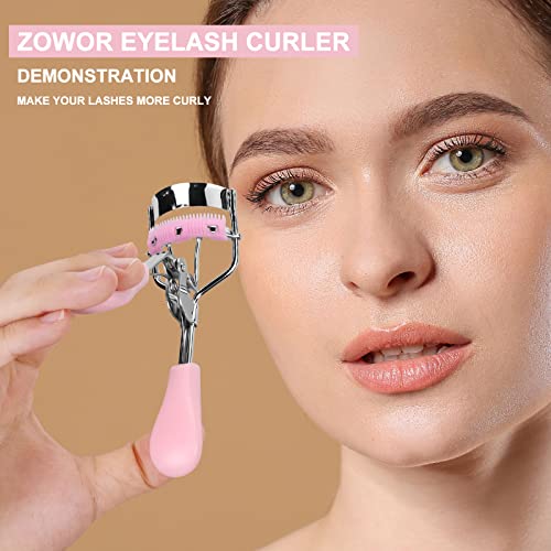 Zowor Eyelash Curler with 5PCS Silicone Refill Pad Fit All Eye Shape Curved Eyelash Curler,Natural and Long Lasting Lash Curler for Women Make Up Gift(Light Pink)