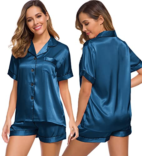 Image of SWOMOG Womens Silk Satin Pajamas Set Two-piece Pj Sets Sleepwear Loungewear Button-Down Pj Sets Peacock Blue
