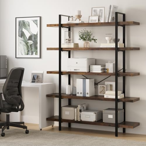 5 Tier Bookcase, 47 Inch Wide Wood Bookshelf, 120lbs Shelf Capaci...