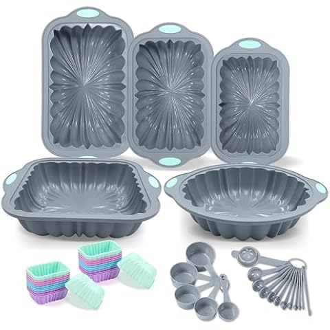 To encounter 46 Pieces Silicone Baking Pans Set, Metal Framed Silicone Cake Pans, Nonstick Fluted Loaf Pans for Muffin, Bread, with Silicone Cupcake Mold, Measuring Cups and Spoons Set, Light Grey Cover